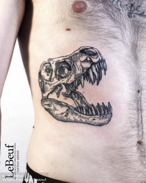 By Loïc LeBeuf, done in Carouge. http://ttoo.co/p/35475 anatomy;animal;blackwork;dinosaur;engraving;facebook;loiclebeuf;medium size;rib;skull;t rex skull;t rex;twitter