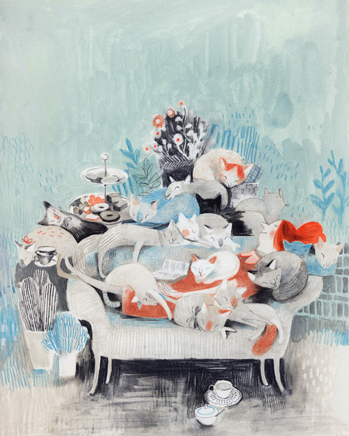 Descansando con un buen libro y… muchos gatos (ilustración de Isabelle Arsenault)