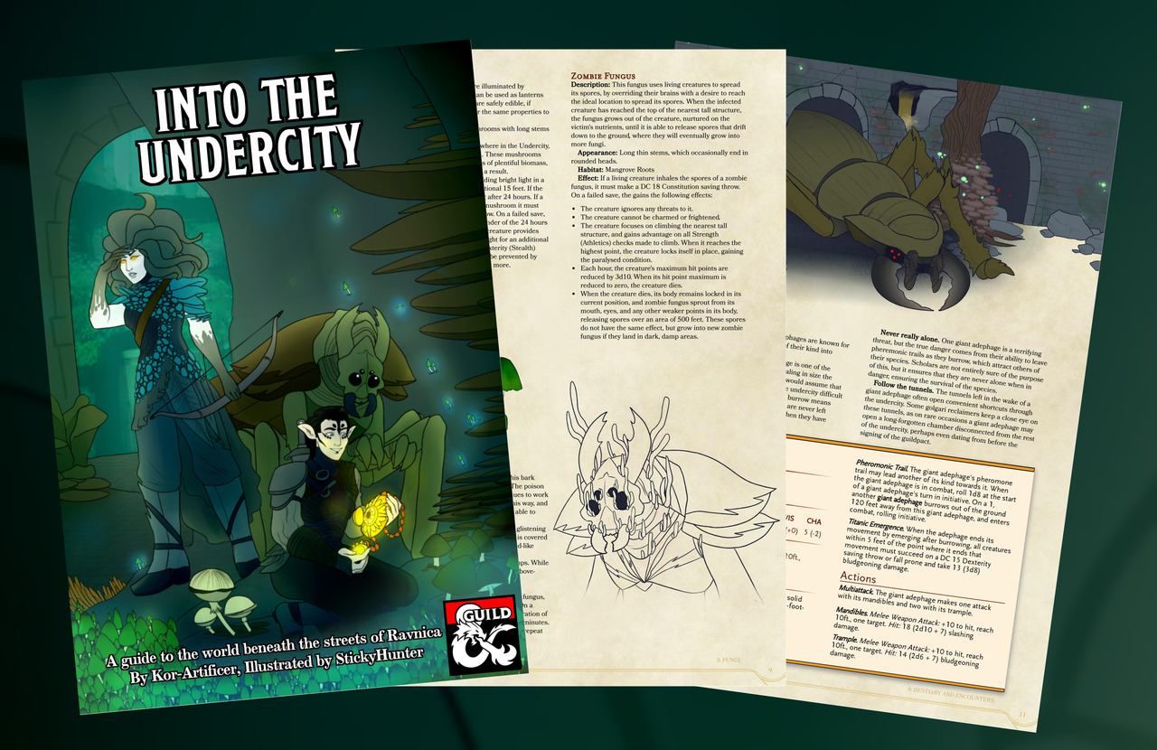 A selection of pages including the cover art (a gorgon standing watch over a kraul and a devkarin who have found an Orzhov artifact), a page detailing rules for a fungus with a sketch of its effects, and a page of rules for a giant adephage, a giant monstrous beetle depicted in art on that page.