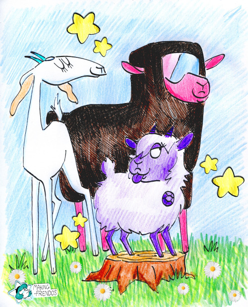 Anonymous said: Could you draw the main Crystal Gems (Pearl, Garnet, Amethyst, and Steven) as goats?? I think that would be adorable :D Answer: Garnet, Amethyst, and Pearl… …and Steven!