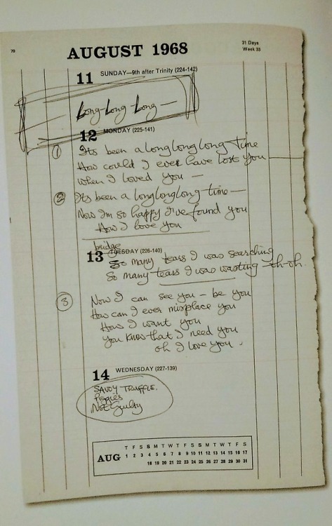 rly-fking-late-bloomer:George Harrison’s notes for “Long, Long,...