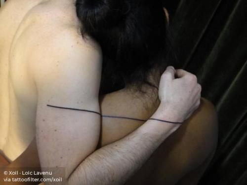 By Xoïl · Loïc Lavenu, done at Needles'Side, Thonon-les-Bains.... geometric shape;matching;line;matching tattoos for couples;arm;big;love;facebook;upper back;twitter;xoil;minimalist;couple;on dark skin;other