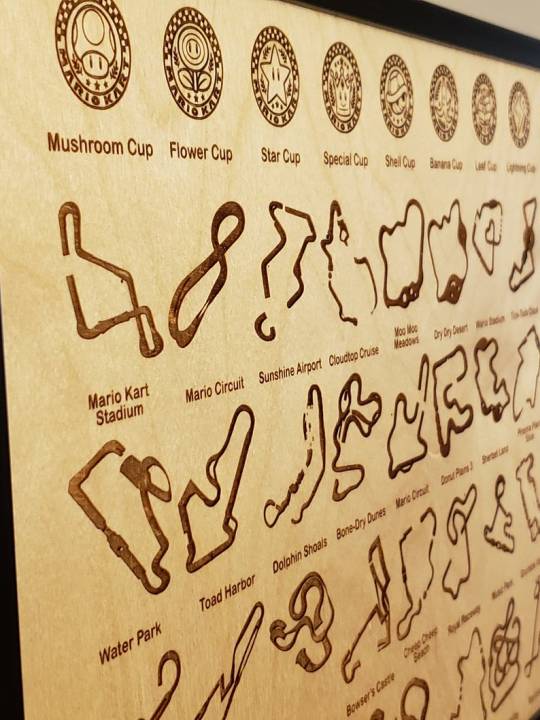 PintoDesigns created a Wood Engraved Display of all 48 courses from Mario Kart 8 Deluxe