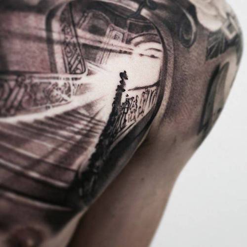 By JeongHwi · Coldgray, done at Cold Gray Tattoo, Seoul.... black and grey;big;chest;jeonghwi;stairway;facebook;twitter;architecture;other