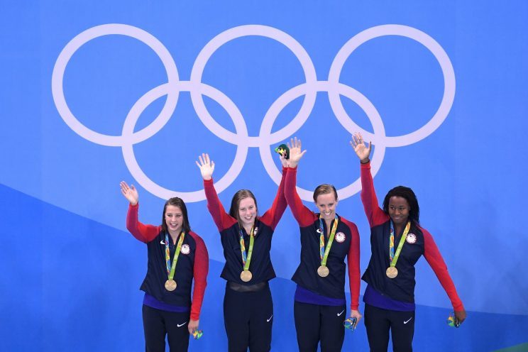 U.S. swimmers (L to R) Kathleen Baker, Lilly King, Dana Vollmer and Simone Manuel won No. 1,000. (Getty)