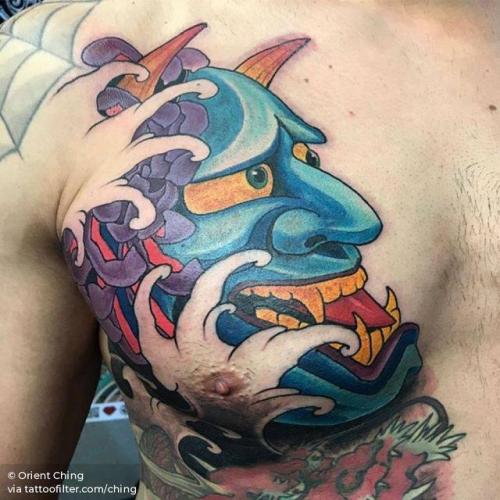 By Orient Ching, done at 13th London Tattoo Convention, London.... ching;patriotic;neo japanese;big;japanese culture;chest;mask;hannya;facebook;twitter;other
