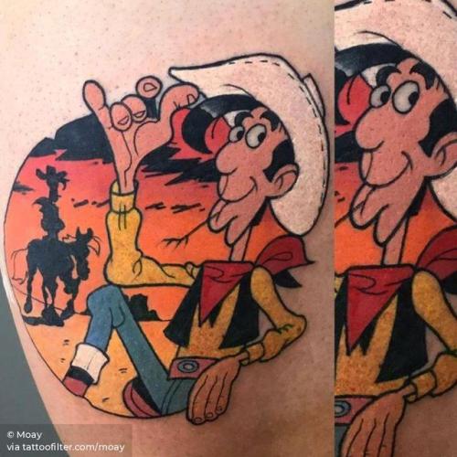 By Moay, done at 48920 Tattoo Shop, Portugalete.... film and book;moay;lucky luke;cartoon;thigh;facebook;twitter;medium size