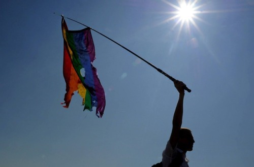 annemarieandlovingit:pro-gay:A gay rights activist waves a...