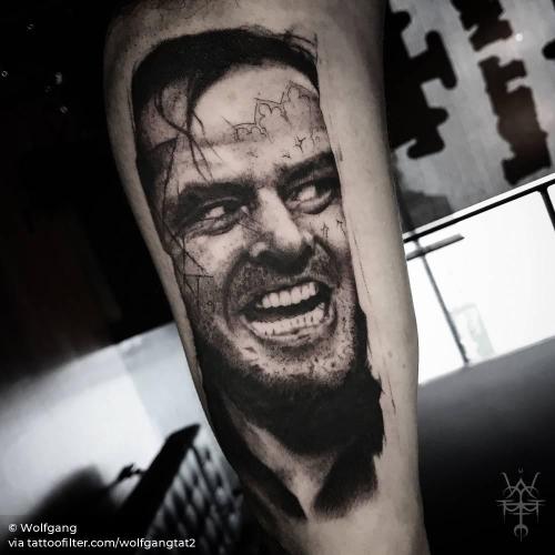 By Wolfgang, done in Melbourne. http://ttoo.co/p/34968 bicep;black and grey;blackwork;facebook;famous character;fictional character;film and book;jack nicholson;jack torrance;medium size;patriotic;portrait;stanley kubrick film;stephen king;the shining;twitter;united states of america;wolfgangtat2