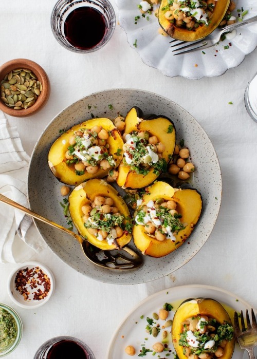 food recipe dinner acorn squash squash chickpea onions chimichurri garlic cilantro pepitas maple lemon fruit yogurt vegetarian gluten free baking x