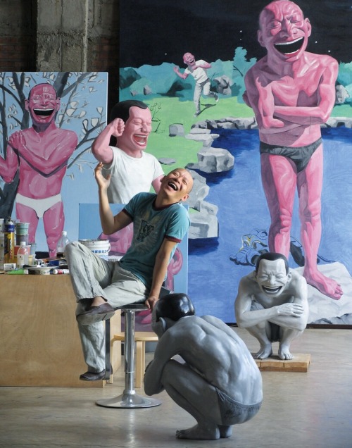 allsadnshit:criwes:Portrait of Yue Minjun in his studio in...