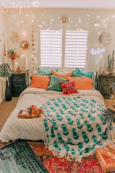 Decorated by Alexa Halladay - gold celestial moon star and moon phase wall hangings Meditation Zen Space, polaroid collage all seeing eye - LOVE neon light blue turquoise pineapple jungle tropical urban jungle vibes