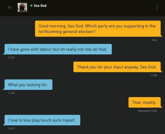 Me: Good morning, Sex God. Which party are you supporting in the forthcoming general election?
Sex God: I have gone with labour but im really not into all that.
Me: Thank you for your input anyway, Sex God.
Sex God: What you looking for.
Me: That, mostly.
Sex God: I love to kiss play touch suck myself.