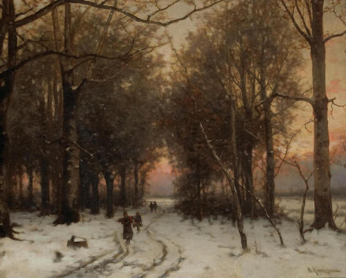 laclefdescoeurs:A wooded winter landscape with figures on a...