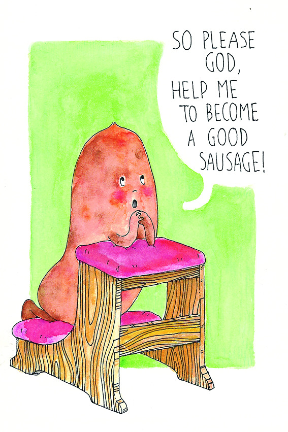 “A good sausage” Ink, watercolor and crayons