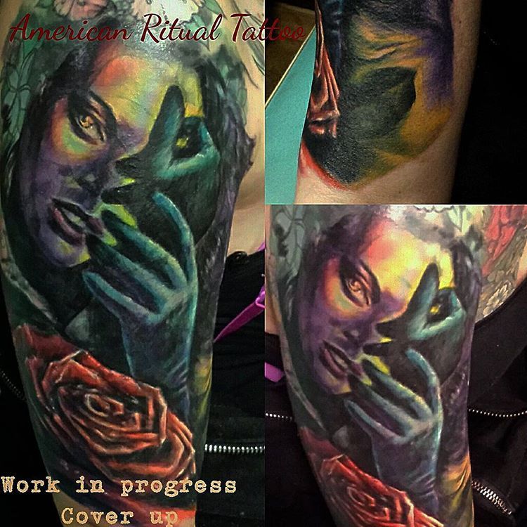 American Ritual Tattoo Cover Up Over A Half Sleeve Of
