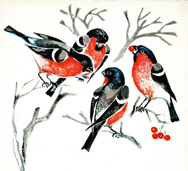 Illustration by T. Zebrova from a children’s book by A. Govorov, “Bullfinches” (1973)