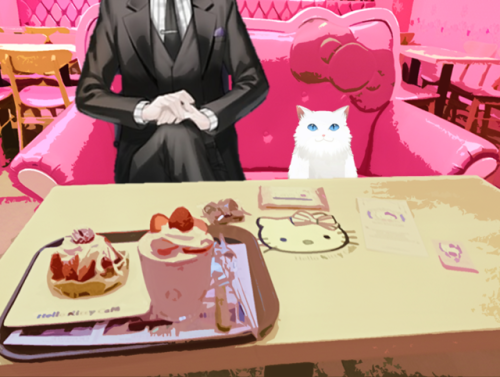 darkmysticmessenger:INVITED JUMIN TO A HELLO KITTY THEMED CAFE...