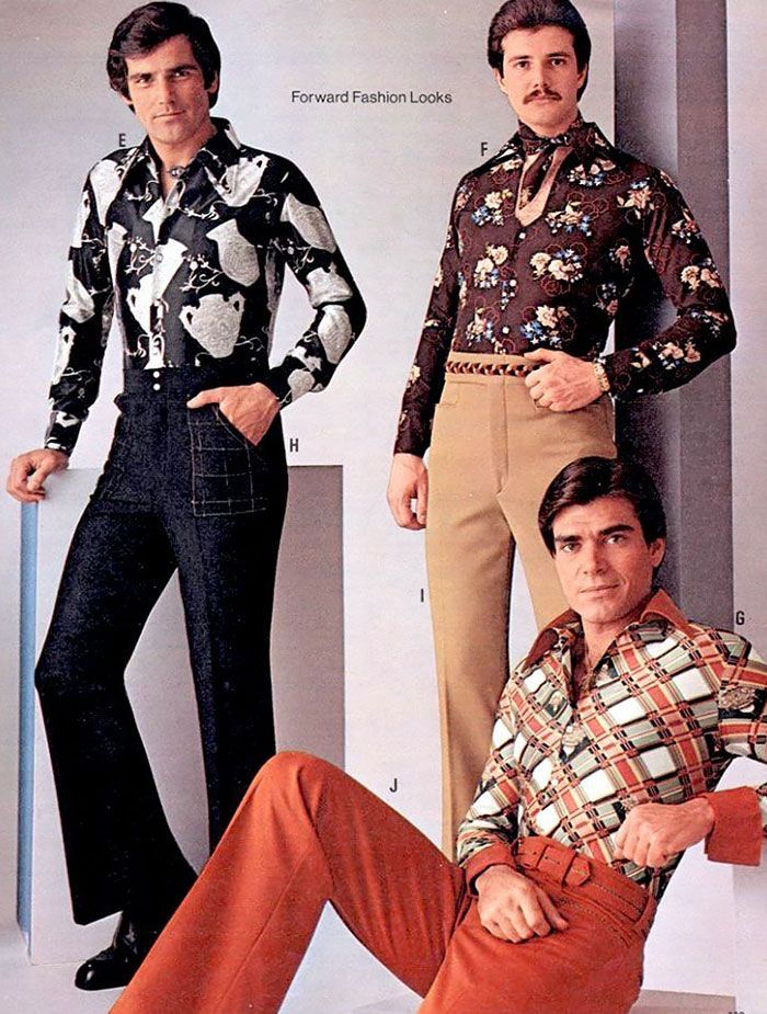 a catalog image of men's fashion from the 1970s, featuring bold-print shirts with ornate collars and high-waisted bell-bottomed trousers