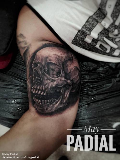 By May Padial, done in Malaga. http://ttoo.co/p/35100 anatomy;black and grey;facebook;inner arm;maypadial;medium size;skull;twitter