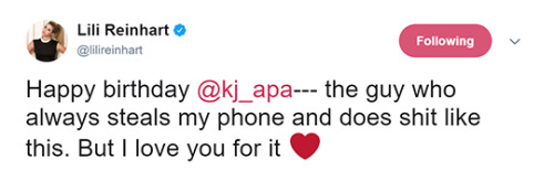 betty-and-jughead:Hehe Lili was wishing KJ a Happy Birthday by...