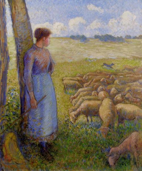 artist-pissarro:Shepherdess and Sheep, 1887, Camille Pissarro