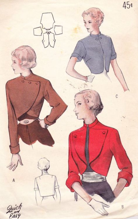 shewhoworshipscarlin:Bolero sewing pattern, 1950s.