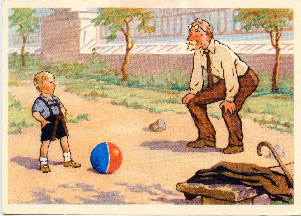 “Catch it, grandpa!” Postcard by V. Sachkov (1955)