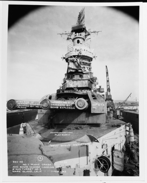 CV-16 - “USS Louisville (CA-28). Kamikaze damage received...