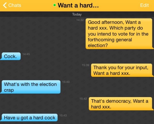 Me: Good afternoon, Want a hard xxx. Which party do you intend to vote for in the forthcoming general election?
Want a hard xxx: Cock.
Me: Thank you for your input, Want a hard xxx.
Want a hard xxx: What's with the election crap
Me: That's democracy, Want a hard xxx.
Want a hard xxx: Have u got a hard cock