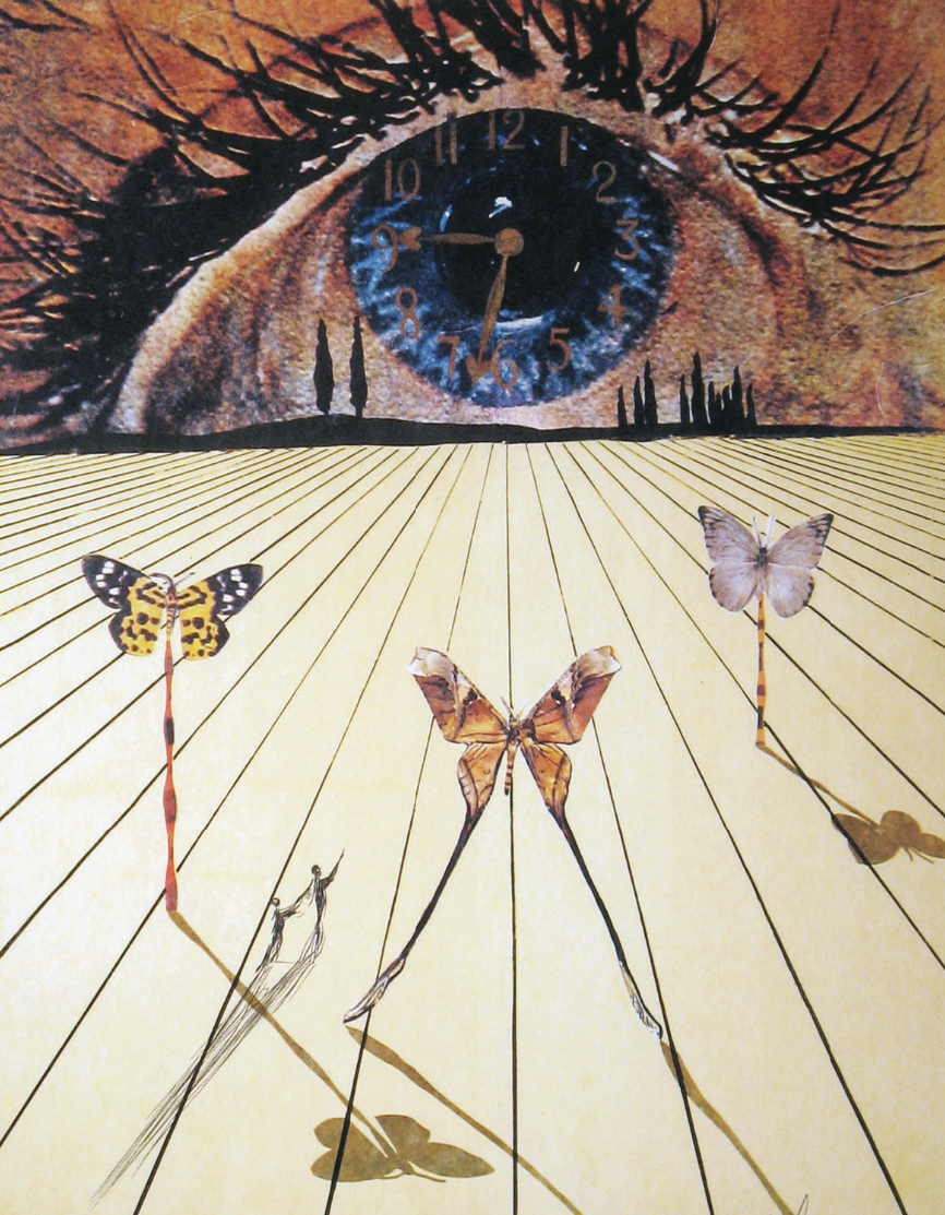The Eye of Surrealist Time by Salvador Dalí, 1971. Lithograph with etching on arches, 29 ¾ × 20 ½. DTR Modern Galleries, on display in Boston, MA: 2014-10-10 through 2014-11-28.
The most confusing element is the shadows cast by the butterflies as...