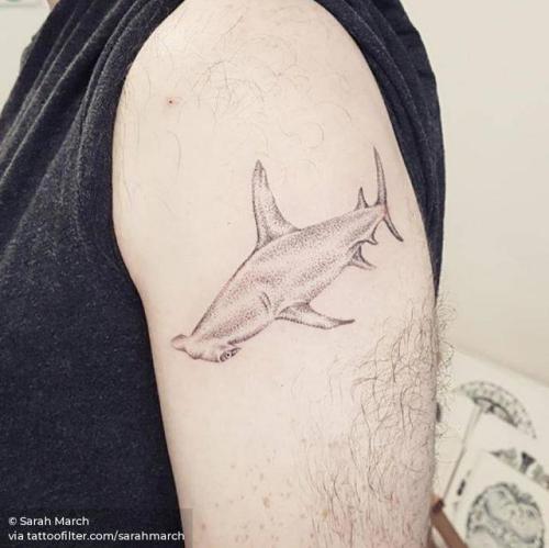 By Sarah March, done at Die-Monde Tattoo, Wadebridge.... shark;great hammerhead;animal;sarahmarch;fish;hand poked;facebook;nature;twitter;ocean;medium size;upper arm