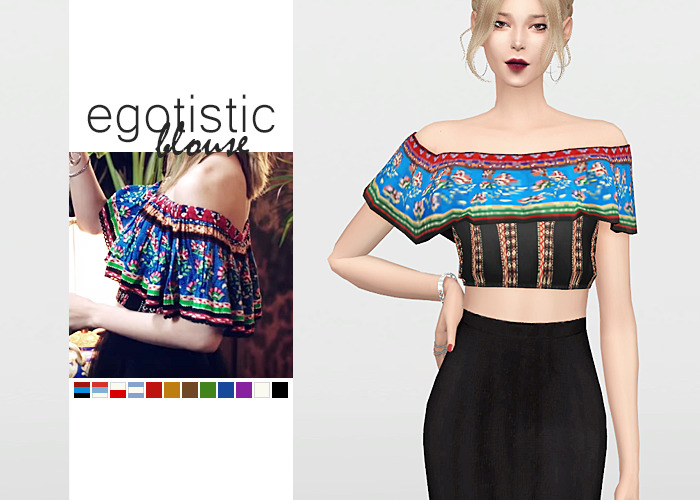 Egotistic Blouse
• New mesh / EA mesh edit
• Category: top (women)
• Age: teen / young adult / adult / elder
• 12 swatches
• Suggested by @musilizzy
Download: SimFileShare