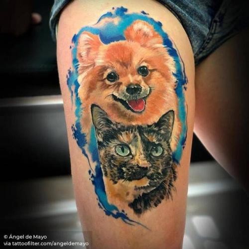 By Ángel de Mayo, done at Ángel de Mayo Tattoo, Alcalá de... angeldemayo;dog;pet;feline;patriotic;pomeranian;big;animal;germany;thigh;facebook;realistic;twitter;portrait;cat