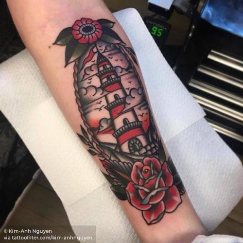 By Kim-Anh Nguyen, done at Seven Seas Tattoos, Eindhoven.... kim anhnguyen;traditional;big;facebook;nature;twitter;lighthouse;architecture;ocean;inner forearm