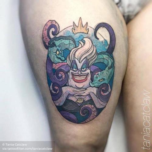 By Tania Catclaw, done at Big Boys Tattoo, Lisboa.... disney character;film and book;sketch work;cartoon character;little mermaid;fictional character;big;ursula;disney;thigh;facebook;twitter;taniacatclaw