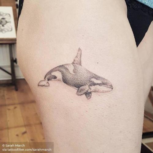 By Sarah March, done at Die-Monde Tattoo, Wadebridge.... animal;sarahmarch;killer whale;thigh;hand poked;facebook;twitter;medium size