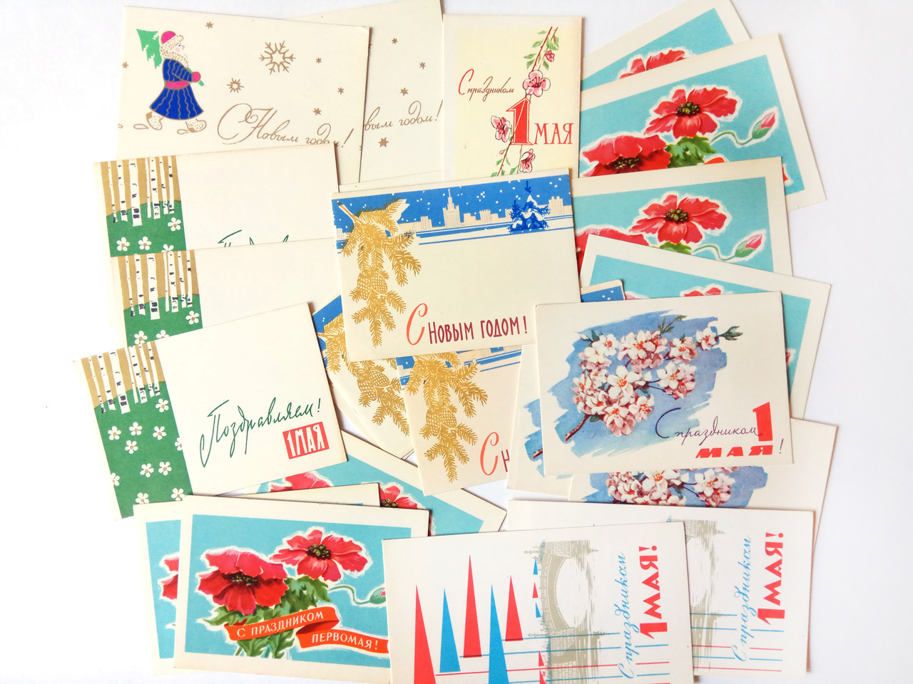 Sorting through my new finds today. These are all minicards from the 60s! So thrilled to have found them; these are rare.
Most of these are May Day cards and a bunch are for New Year’s.