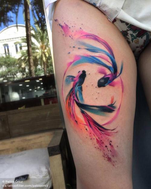 By Pablo Ortiz, done in Valencia. http://ttoo.co/p/34905 animal;astrology;big;facebook;fish;nature;ocean;pabloortiz;pisces;thigh;twitter;watercolor;zodiac