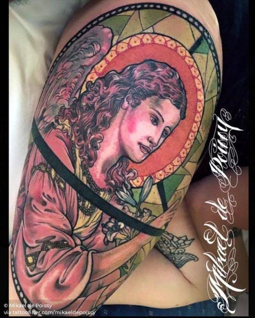 By Mikael de Poissy, done at 2nd Montreux Tattoo Convention,... archange gabriel;big;contemporary;thigh;facebook;twitter;religious;mikaeldepoissy