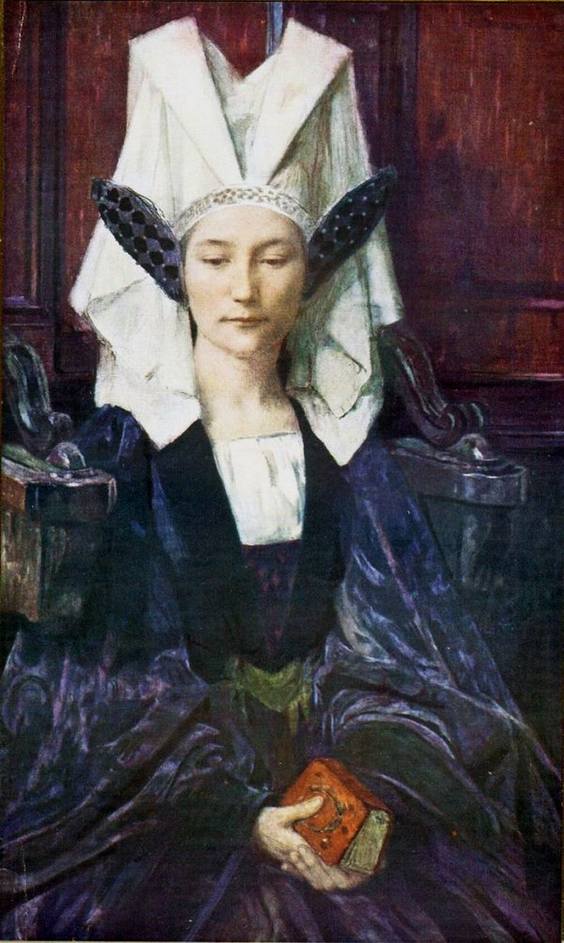 Meditation (1913). Edgard Maxence (French, 1871-1954). Watercolor and gouache hightlights.
Maxence has specialized in the evocation of past ages, ages of piety, resignation, and hope. The ancient adjustments are familiar, the top hennins prepared,...