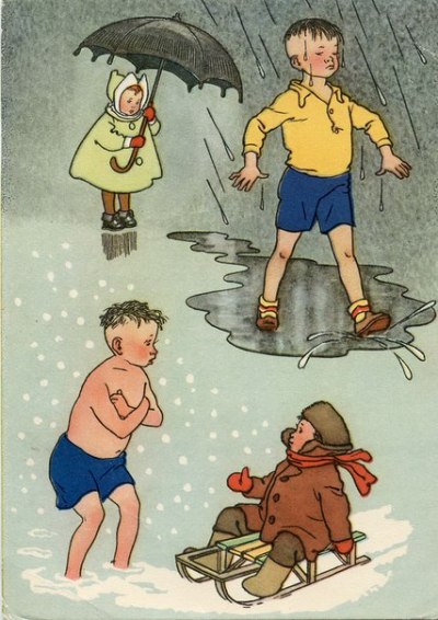 Foma who didn’t believe weather forecasts :)Illustration for a Sergey Mikhalkov book, artist G. Valk, 1959