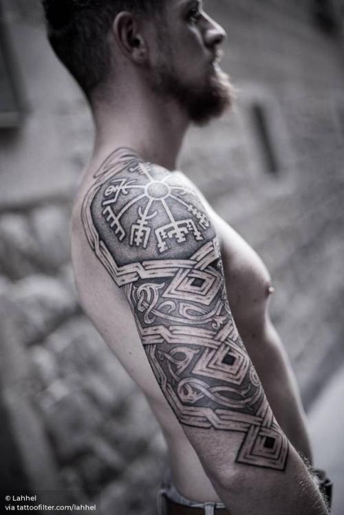 By Lahhel, done at Meatshop Tattoo, Barcelona.... symbols;dotwork;half sleeve;lahhel;facebook;rune;blackwork;twitter;vegvisir;nordic;shoulder;letter;medium size;upper arm;nordic symbol