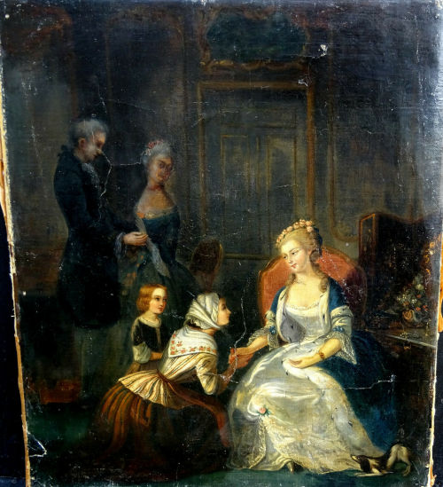 A painting by an unknown artist depicting Marie Antoinette giving alms; circa 19th century. [credit: kinyogo on ebay]