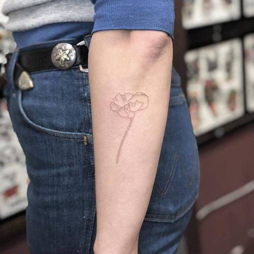 By Joey Hill, done at High Seas Tattoo Parlor, Los Angeles.... flower;small;single needle;line art;tiny;joeyhill;ifttt;little;nature;forearm;medium size;poppy;fine line