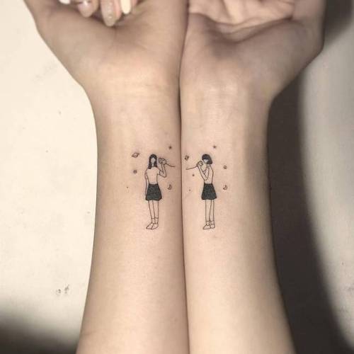 By Masa Tattooer, done in Seoul. http://ttoo.co/p/138717 small;matching;toy;masa;tiny;sister;ifttt;little;matching sister;wrist;minimalist;game;illustrative;fine line;family;matching tattoos for siblings;line art
