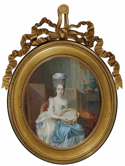 tiny-librarian:
“  The Comtesse de Provence wearing a blue satin dress with a white satin surcoat, white and blue feathers and pearls in her high-piled powdered hair, seated in an interior with a screen and a table, embroidering.
Source
”