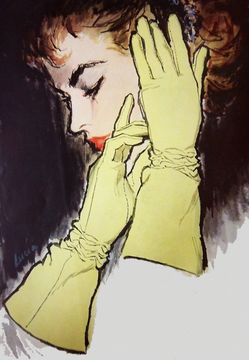 theniftyfifties:Hansen Gloves advertisement, 1957. Artwork by...