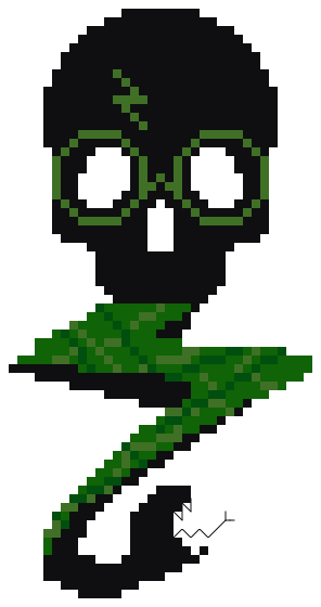 Voldemort's Dark Mark, black skull out of which's open mouth a green lightening bolt forms that ends in the head of a snake