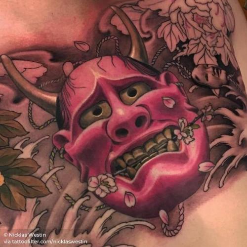 By Nicklas Westin, done at Family Art Tattoo, Barcelona.... patriotic;neo japanese;big;japanese culture;chest;nicklaswestin;mask;hannya;facebook;twitter;other